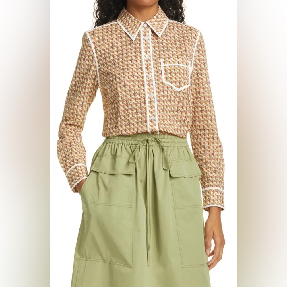 Tory Burch Brigitte Basket Weave Contrast Trim Blouse